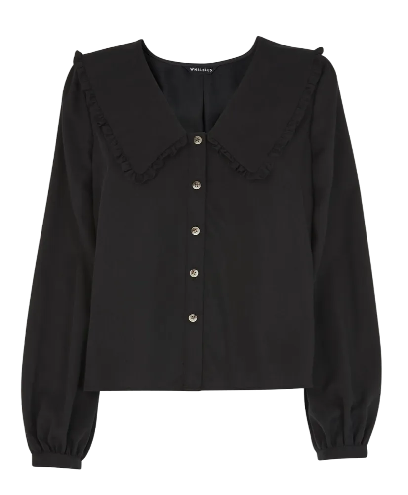 Whistles Black Tencel Oversized frill Collar Detail Shirt UK 18